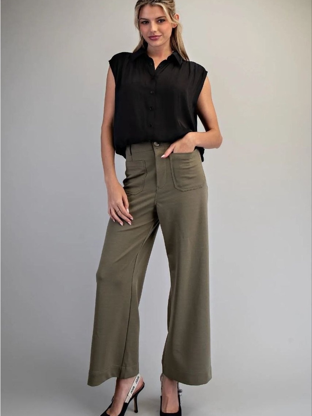 Anthropologie x Maeve The Collette Heavyweight Ponte Wide Leg Pants Olive Sz 28